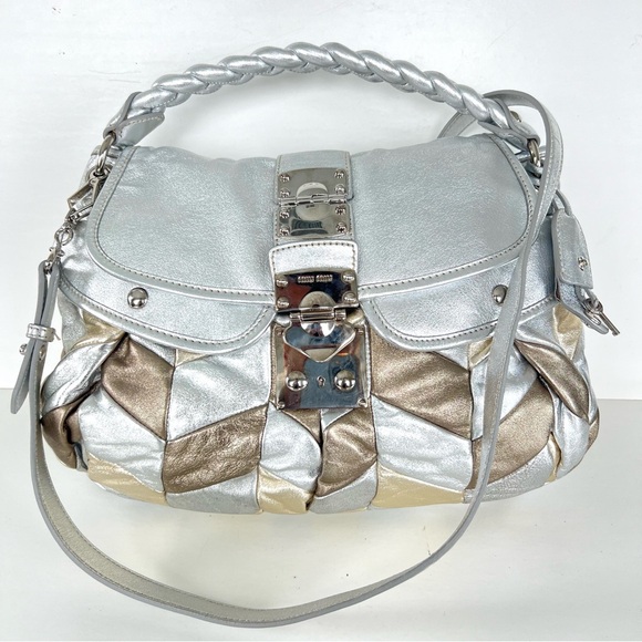 ♦️SOLD♦️MIU MIU Coffer Metallic Silver Gold Bronze Leather  Patchwork Shoulder - Picture 4 of 16